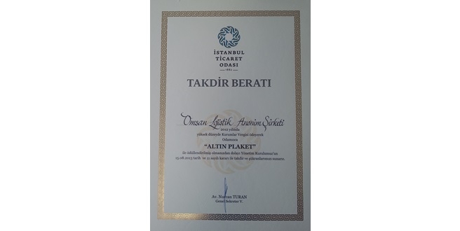 “OMSAN, İstanbul Ticaret Odası Tarafından Altın Plaket ile Ödüllendirildi…”