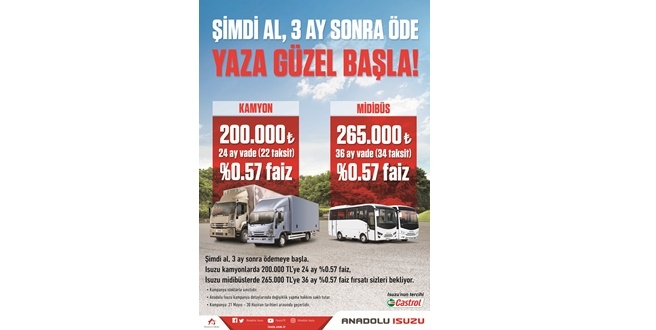 Anadolu Isuzu’dan Kamyon ve Midibüste %0.57 faiz fırsatı ile şimdi al 3 ay sonra ödemeye başla kampanyası