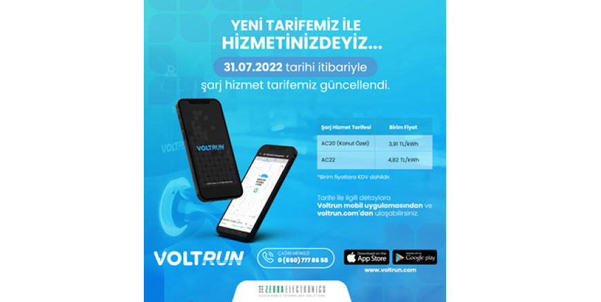 Voltrun, Şarj Hizmet Tarifesini Güncelledi