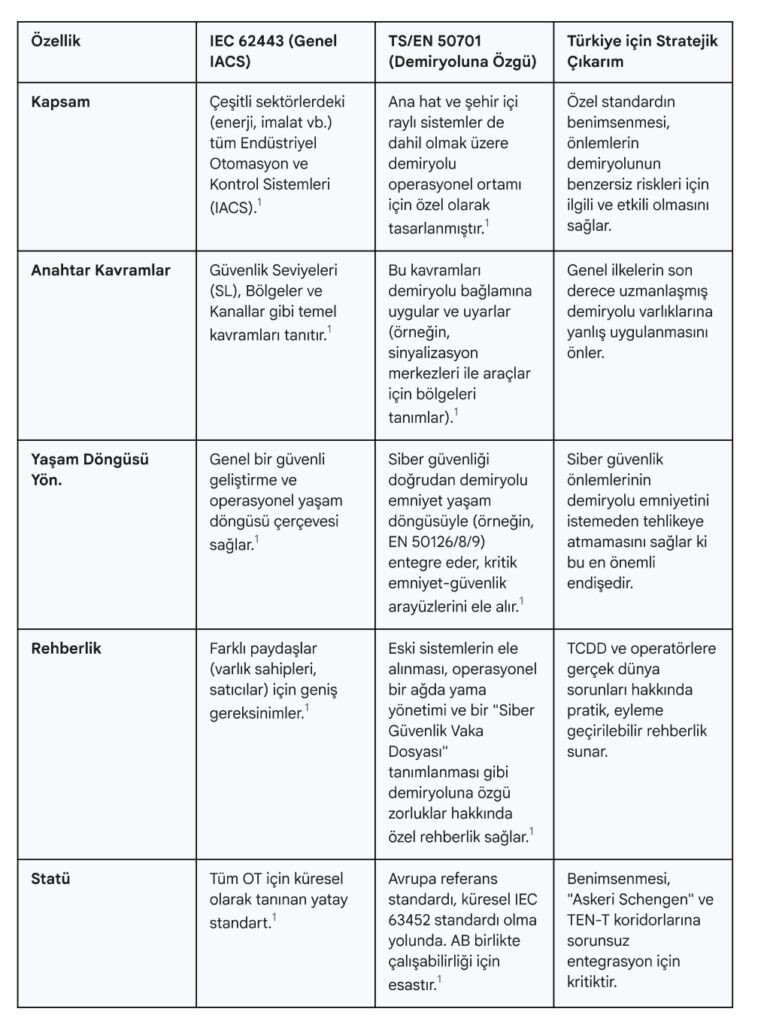 Tablo : Demiryolu Sistemleri için Temel Siber Güvenlik Standartlarının Karşılaştırılması 